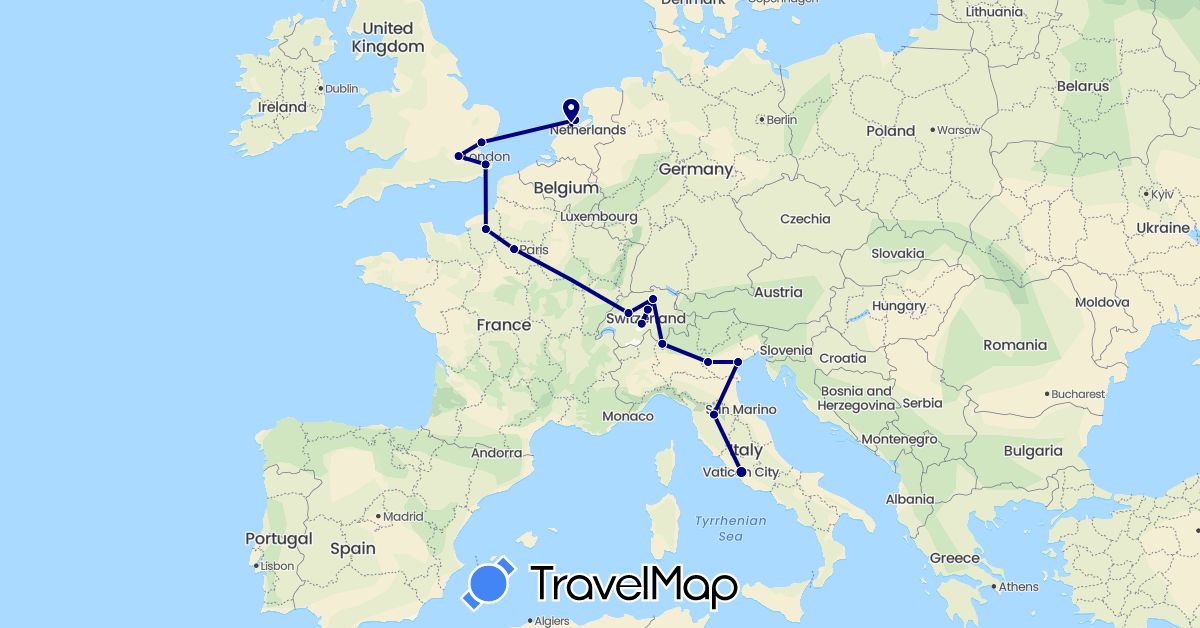 TravelMap itinerary: driving in Switzerland, France, United Kingdom, Italy, Netherlands (Europe)