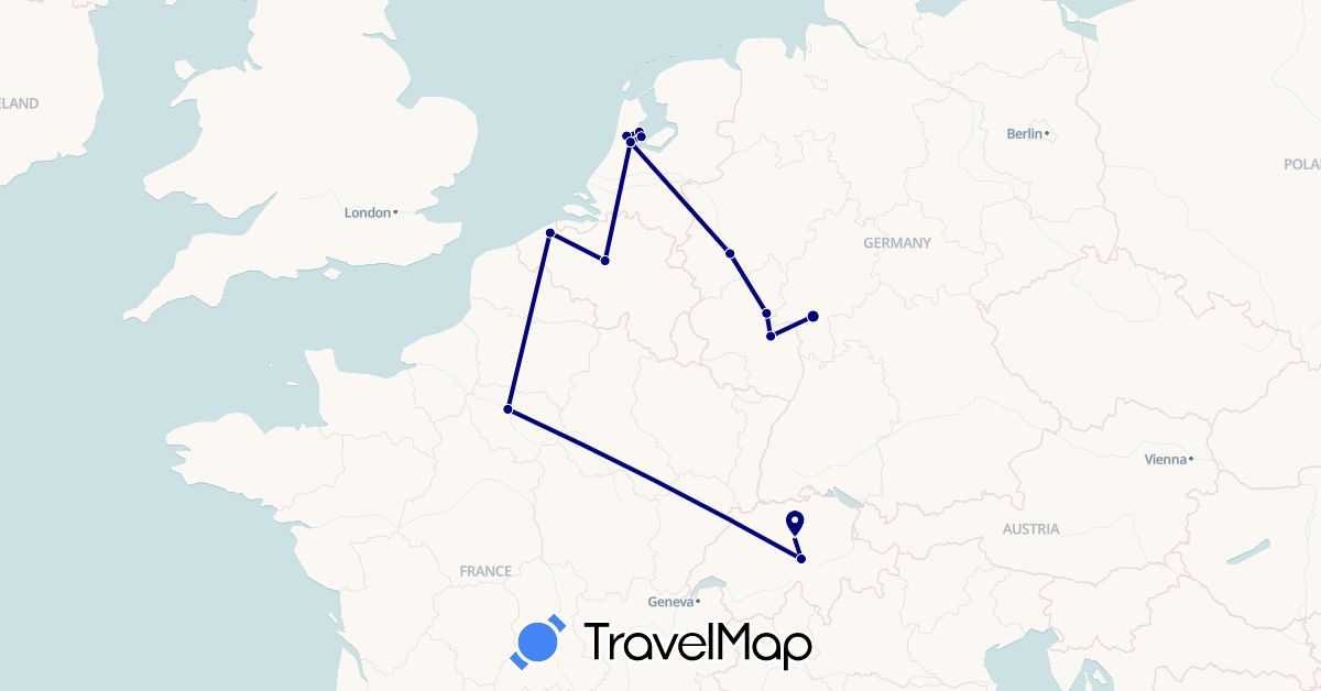 TravelMap itinerary: driving in Belgium, Switzerland, Germany, France, Netherlands (Europe)